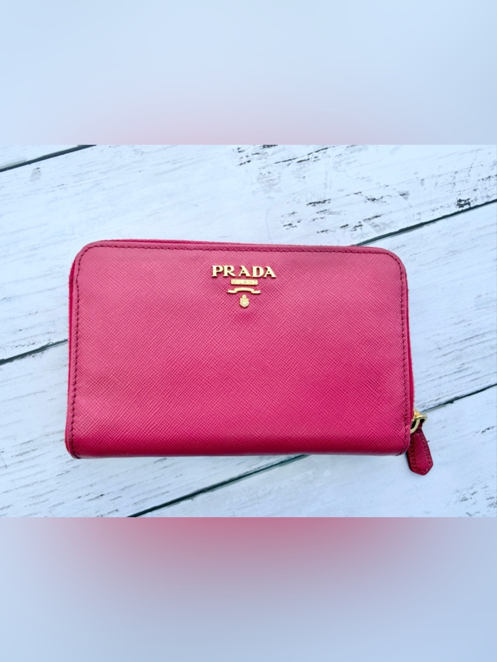 Prada Pink Saffiano Zip-Around Wallet with Gold Logo